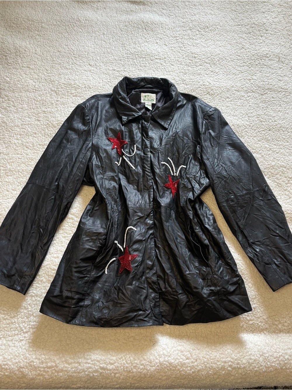 The Quacker Factory Women Black Leather American Flag Vintage Jacket